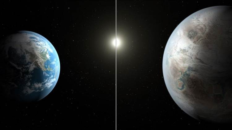 Reprodução da Nasa compara  a Terra  orbitando o  Sol  (E)  com o Kepler 452b realizando o mesmo movimento com a sua estrela