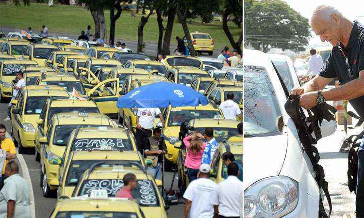 Protesto de taxistas no Rio de Janeiro (E) teve participação de motoristas de BH; na capital mineira, condutores amarraram fitas pretas nos retrovisores para cobrar fiscalização mais efetiva a carros do aplicativo Uber