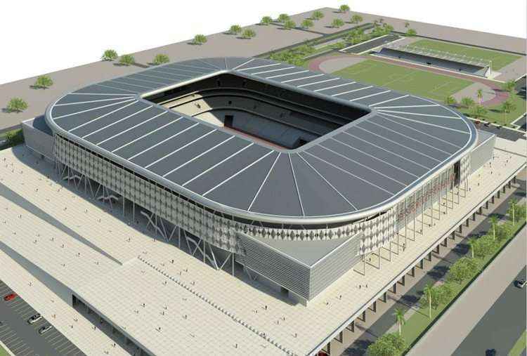 Projeção do estádio Al-Sadr City Stadium que os operários trabalhavam para construir