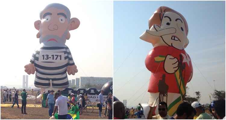 Manifestantes contra o governo lutaram durante toda a manhã para manter os bonecos de Dilma e Lula de pé