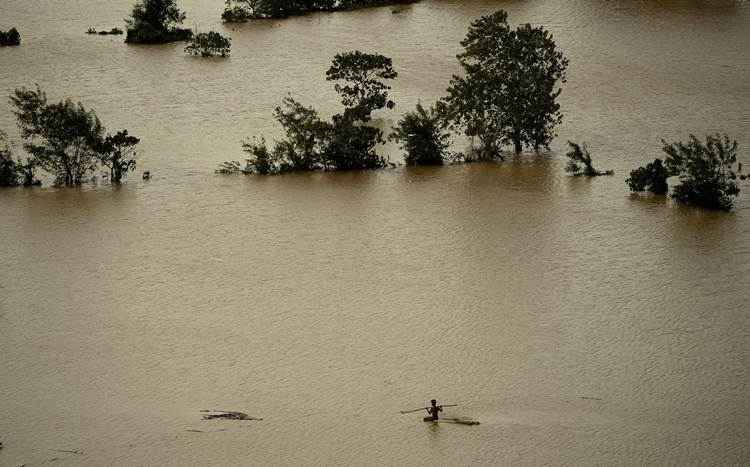 Um homem rema uma jangada improvisada feita de troncos de bananeira sobre um campo de arroz inundado em Barangay Camanutan , província de Isabela, norte de Manila (capital)