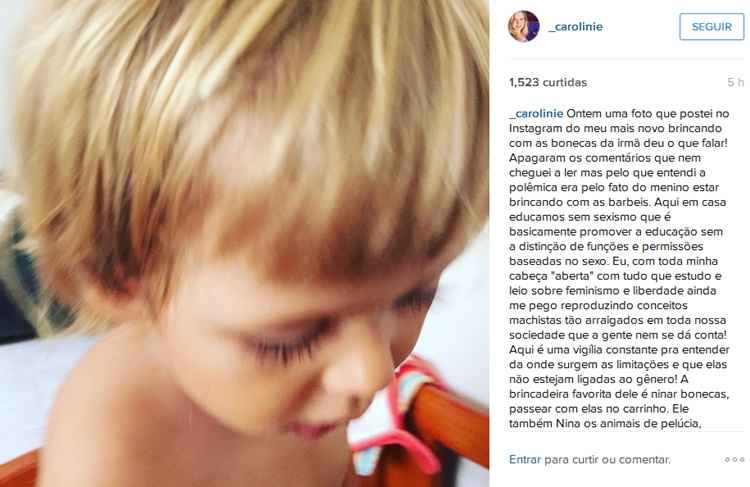 Carolinie Figueiredo reagiu aos críticos depois que publicou uma foto para esclarecer sobre a educação dos filhos e discutir conceitos que reforçam os estereótipos  de gênero na sociedade