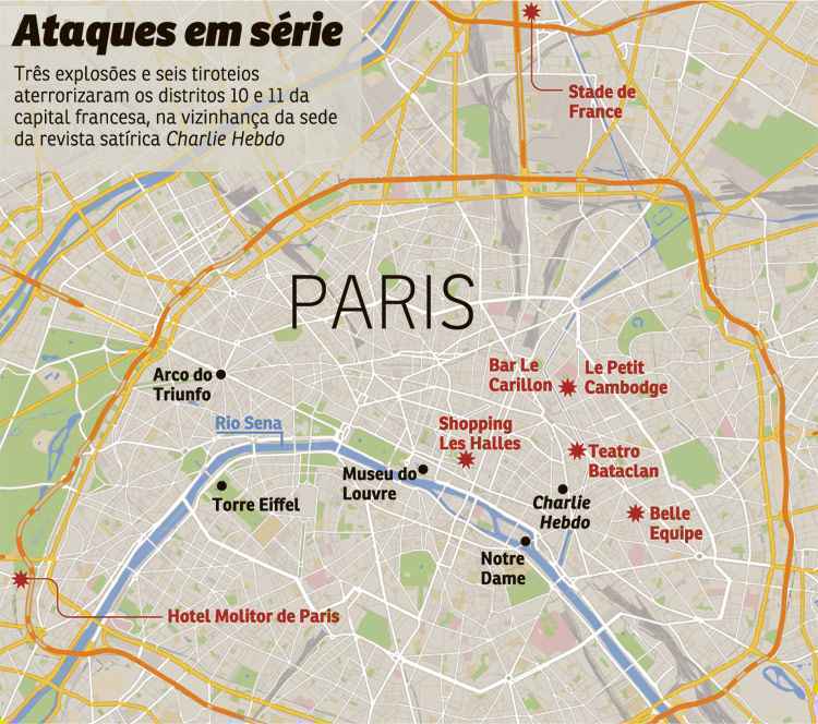 Locais em que ocorreram os ataques em Paris