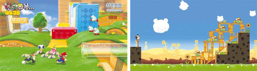 O Super Mario 3D world (à esquerda) e o bidimensional Angry birds: quando comparados, só o primeiro jogo se mostrou eficaz para o fortalecimento do hipocampo e da memória