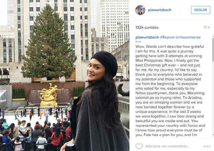 Pia Wurtzbach mandou um recado para quem estava brigando por conta do resultado do Miss Universo 2015