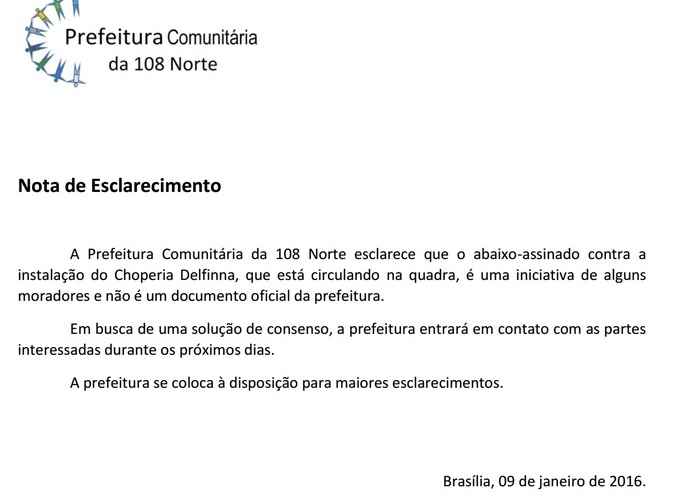 Nota de esclarecimento da Prefeitura da 108 Norte alega que documento anterior contra instalação da choperia na quadra não é oficial