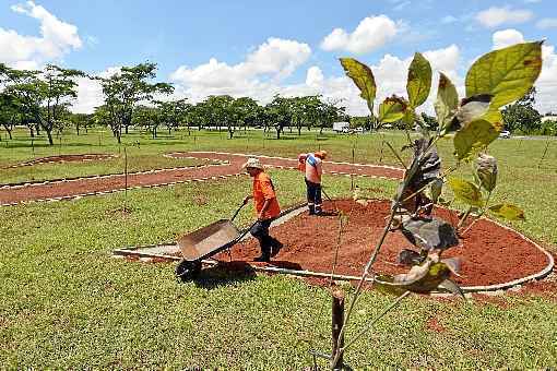 Funcionários da Novacap trabalham na construção do ideograma japonês que significa paz