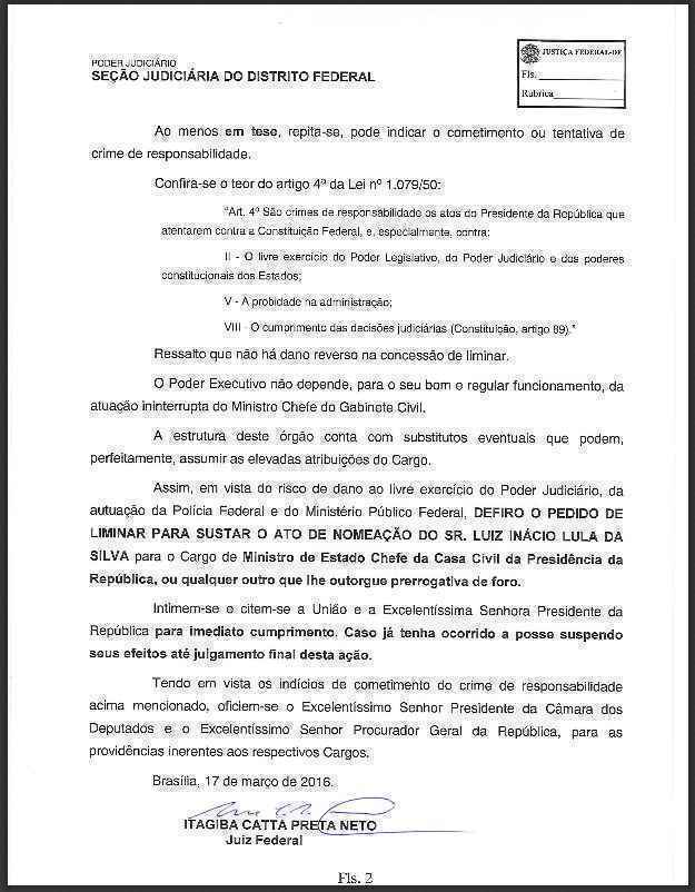 A decisão, tomada em caráter liminar, foi protocolada às 11h18, no momento em que acontecia a cerimônia de posse de Lula no Palácio do Planalto.