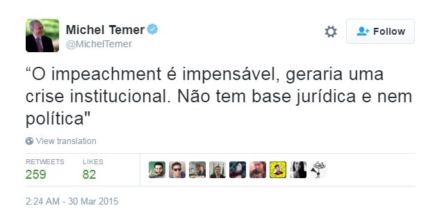 Presidente nacional do PMDB, que desembarcou do governo nesta terça-feira (29), postou a afirmação em sua conta no Twitter em março de 2015