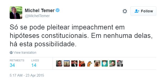 Presidente nacional do PMDB, que desembarcou do governo nesta terça-feira (29), postou a afirmação em sua conta no Twitter em março de 2015