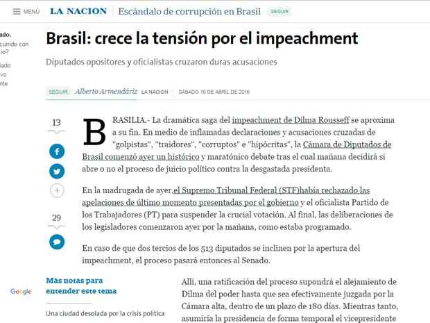 Reportagem do La Nacion sobre o aumento clima de tensão diante da possibilidade de impeachment