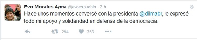 Nos últimos dias, Morales manifesta seu apoio a Dilma, que enfrenta um processo de impeachment