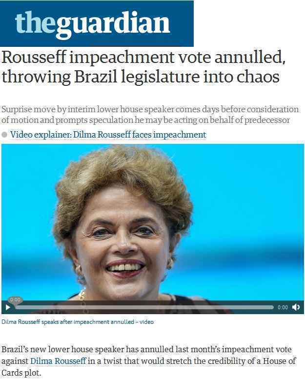 O portal inglês The Guardian apontou que a decisão de Maranhão mostrou a determinação de Dilma em lutar