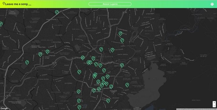 Para utilizar, basta clicar em um endereço no mapa e compartilhar a música que você acha que tem tudo a ver com aquele lugar