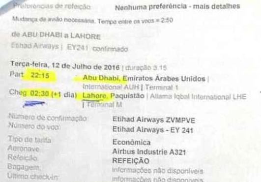 Voucher da passagem aérea mostra que o suspeito iria para o Paquistão, via São Paulo