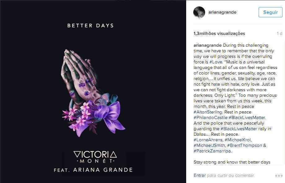 A música 'Better days' criada por Ariana Grande e Victoria Monét está disponível na plataforma SoundCloud