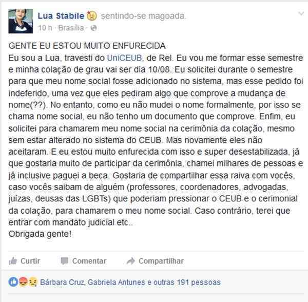 Lua Stabile adotou o nome há três meses e vai colar grau em 10 de agosto