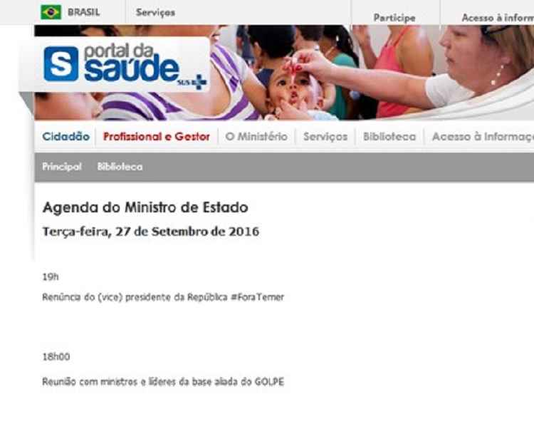 Uma cópia da agenda alterada do ministro circulou pela internet e o site do ministério chegou a ser temporariamente retirado do ar