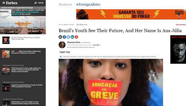 Revista americana Forbes publicou na quinta-feira (27) uma matéria sobre as ocupações escolares no Brasil, destacando o discurso da estudante Ana Júlia Ribeiro, que viralizou nas rede sociais esta semana