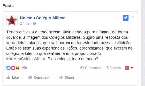 Com o mesmo nome da página que foi retirada do ar, a No meu Colégio Militar quer redimir a fama das instituições militares