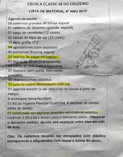 Escolas no DF pedem, na lista de material, itens de uso coletivo e em quantidade exagerada, práticas proibidas por lei. Associação de pais registrou mais de 100 reclamações este ano. Secretaria vai enviar comunicado para esclarecer o que pode ser solicitado