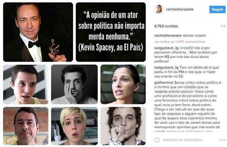 Publicação da jornalista Rachel Sheherazade nas redes sociais