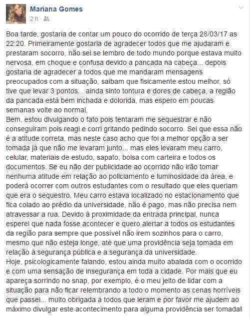 O relato foi publicado nesta quinta-feira (30)