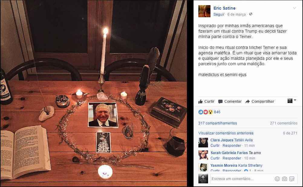 Na postagem, uma foto de Temer aparece junto a algumas velas e outros objetos simbólicos