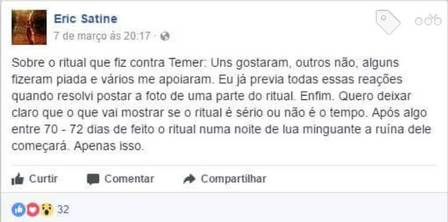 Na postagem, uma foto de Temer aparece junto a algumas velas e outros objetos simbólicos