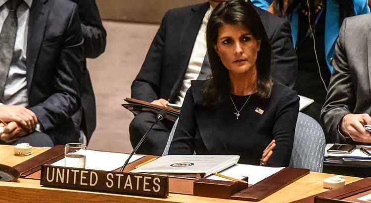 A embaixadora da ONU, Nikki Haley, durante uma reunião do Conselho de Segurança das Nações Unidas sobre a Coréia do Norte