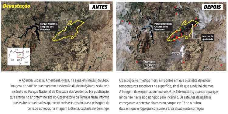 Antes e depois mostra a área devastada na Chapada