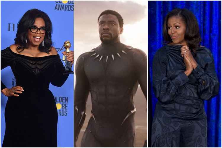 Colagem com imagem de Oprah Winfrey, cena do filme Pantera Negra e imagem de Michelle Obama