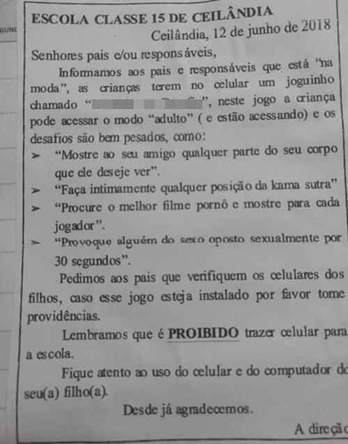 Bilhete encaminhado aos pais dos alunos da EC 15