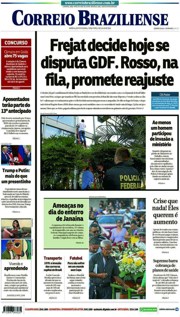 Confira a Capa do Jornal Correio Braziliense do dia 17/07/2018