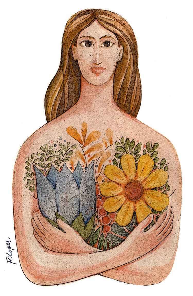 Ilustração de uma mulher de cabelos longos e flores flores desenhadas nos seios