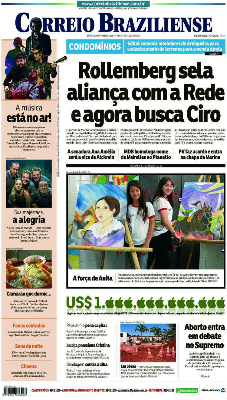 Confira a Capa do Jornal Correio Braziliense do dia 03/08/2018