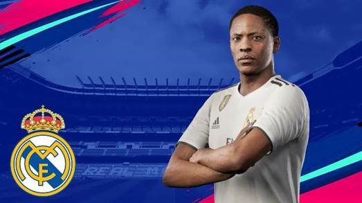 Imagem do jogador virtual Alex Hunter com o símbolo do time de futebol Real Madrid