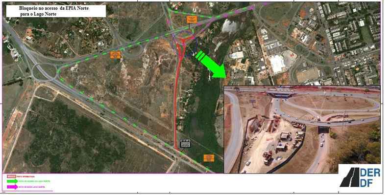 Mapa do bloqueio no acesso a Epia norte para o Lago Norte