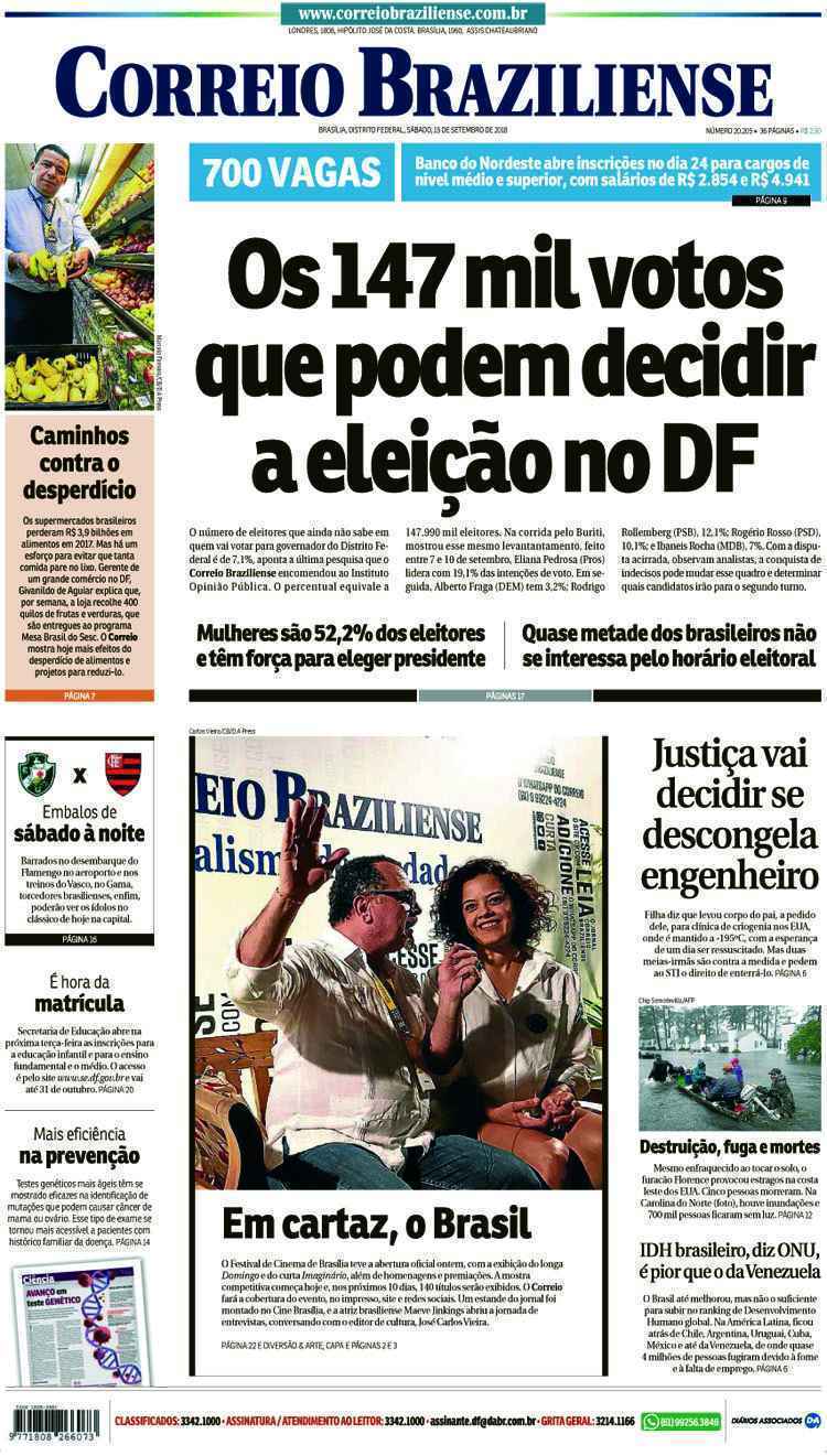 Confira a Capa do Jornal Correio Braziliense do dia 15/09/2018