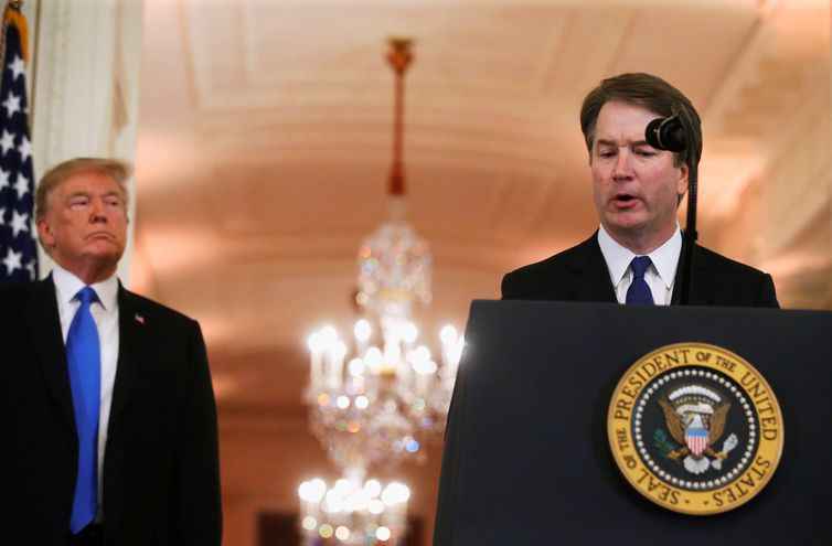 O juiz Brett Kavanaugh discursa na cerimônia em que foi indicado pelo presidente Donald Trump à Suprema Corte dos EUA.