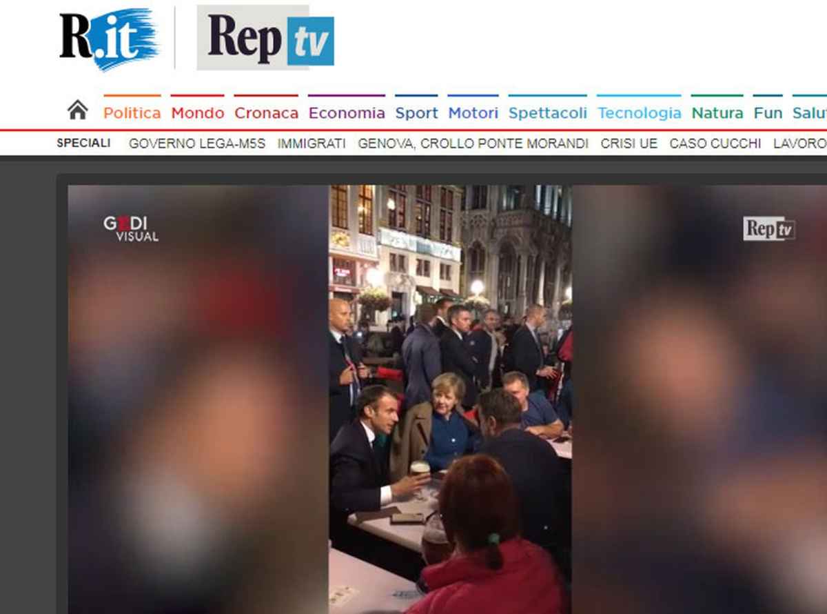 Vídeo divulgado pelo jornal italiano 'Repubblica' mostra o presidente da França, Emmanuel Macron, a primeira-ministra da Alemanha, Angela Merkel, e o primeiro-ministro da Bélgica, Charles Michel, em mesa do bar e restaurante Roy d'Espagne, em Bruxelas, na quarta-feira