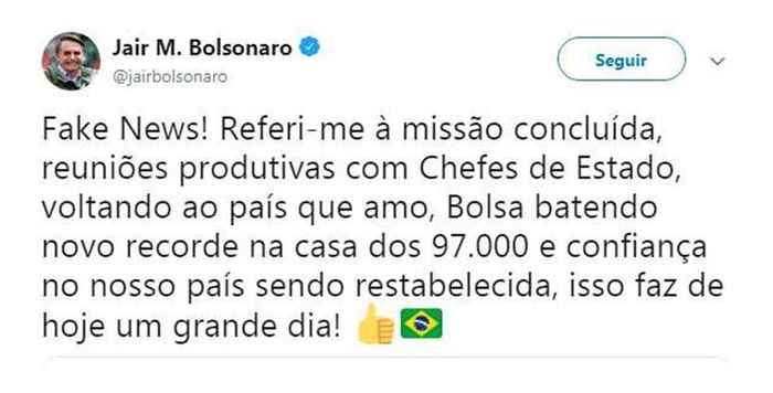 Bolsonaro diz que mensagem foi para comemorar 'missão' em Davos