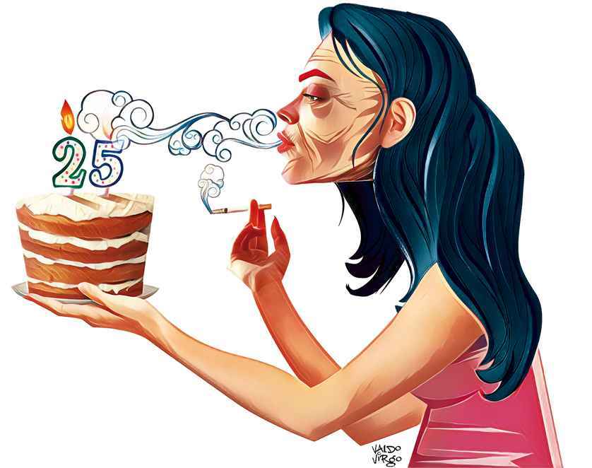 Ilustração de mulher fumando e soprando velas de aniversário em bolo