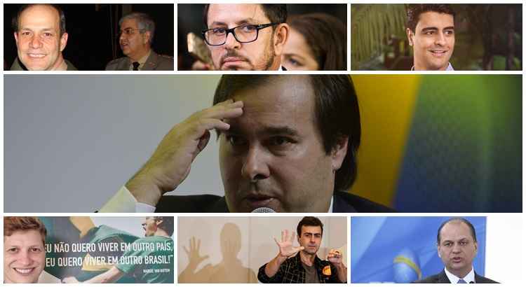 General Peternelli (PSL-SP); Fábio Ramalho (MDB-MG); João Henrique Caldas (PSB-AL); Marcel Van Hattem (Novo-RS); Marcelo Freixo (PSol-RJ); Ricardo Barros (PP-PR); e, ao centro, o atual presidente da Casa, Rodrigo Maia (DEM-RJ)