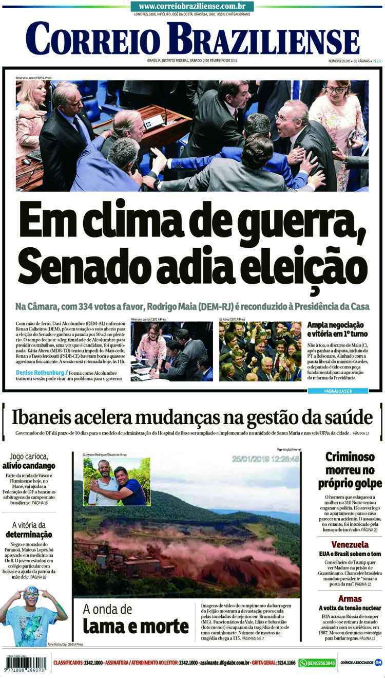 Confira a Capa do Jornal Correio Braziliense do dia 02/02/2019