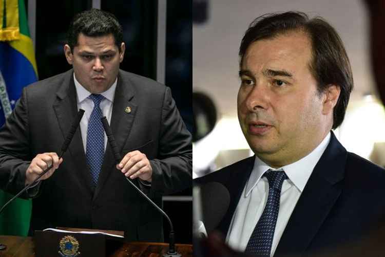 foto dos presidentes do Senado e Câmara, respectivamente, Davi Alcolumbre e Rodrigo Maia, DEM.