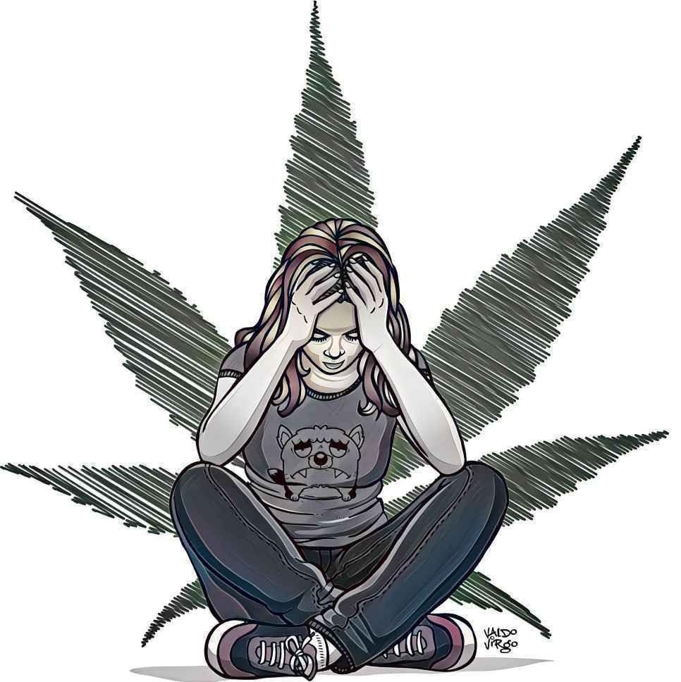 Ilustração de menina e folha de maconha