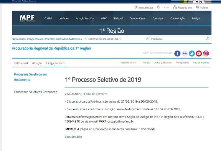 Ministério Público Federal abre vagas para estágio