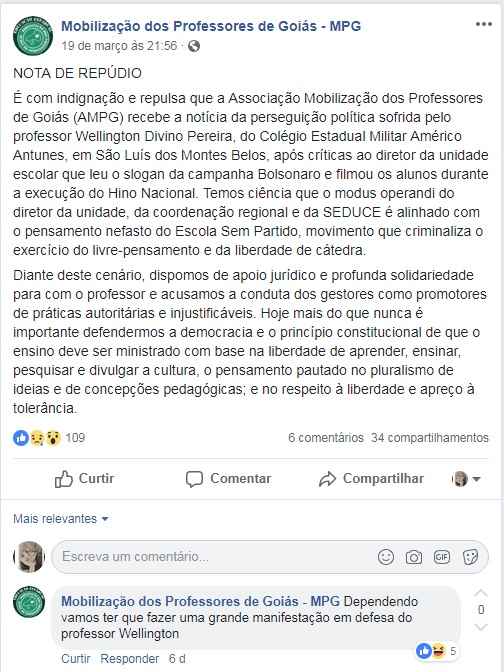 Nas redes sociais, a associação manifestou o repúdio pela suspensão de Wellington