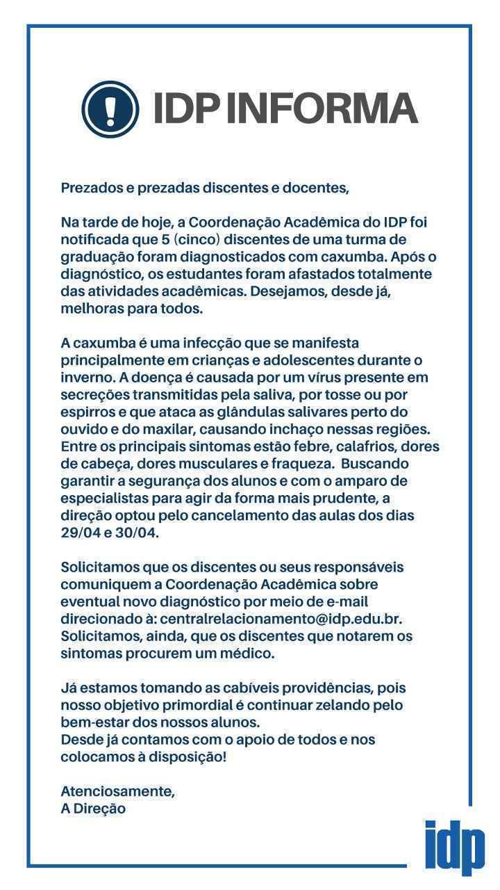 IDP suspende aulas caxumba